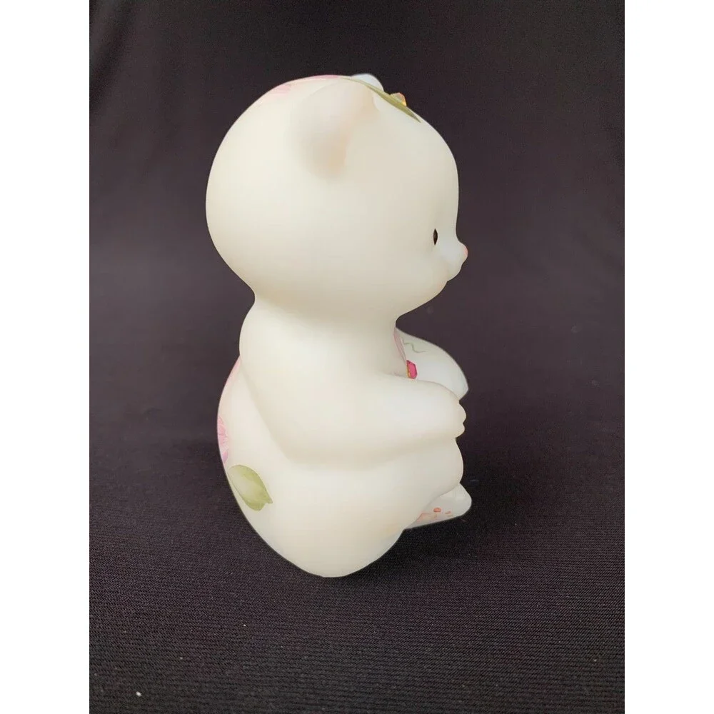 Vintage Fenton Glass Bear White Satin 2 Rhinestones 3.50” Figurine Hand Painted